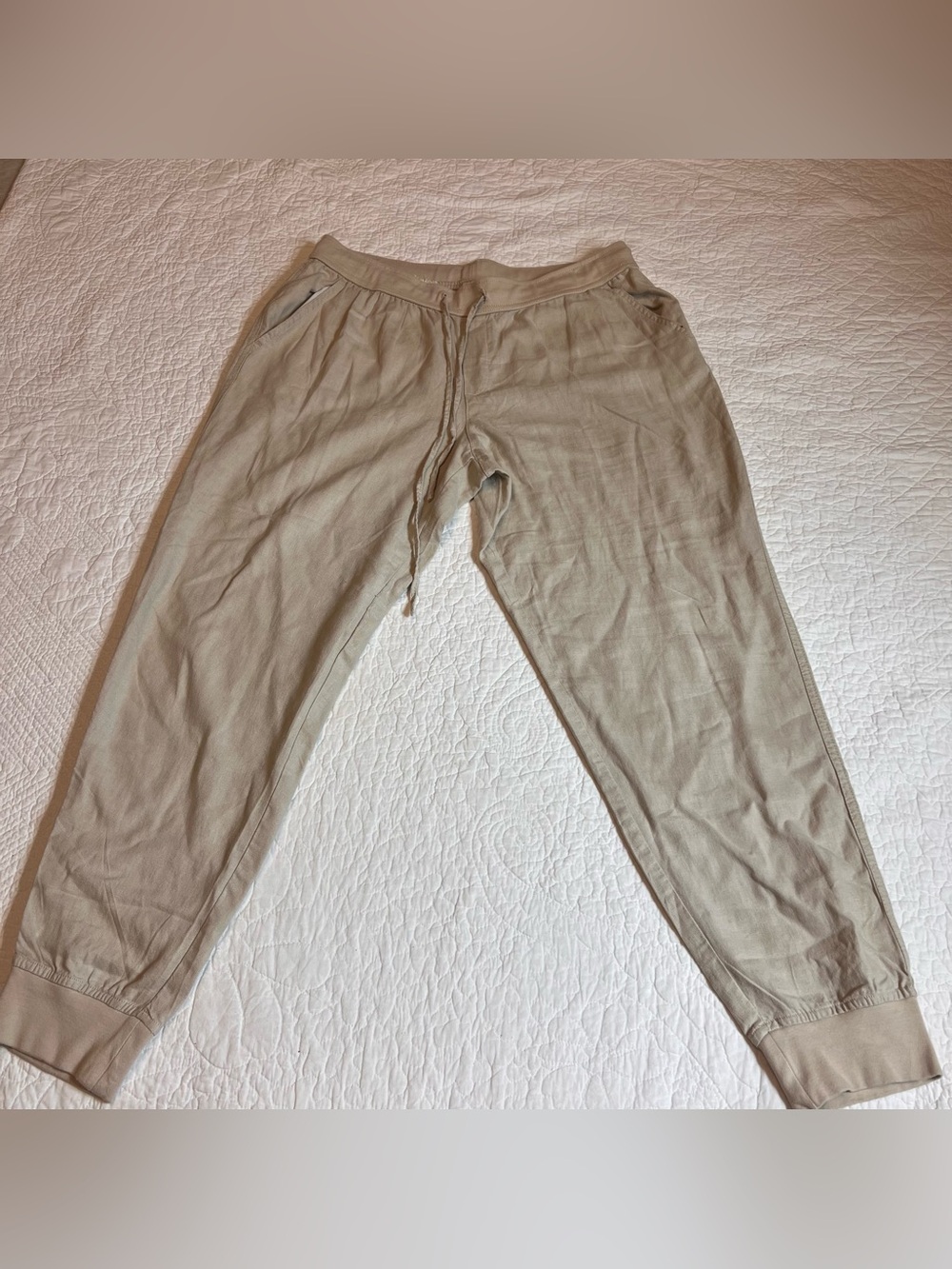 Jogger Pants Womens Sz large Beige Tapered Elastic Waist Drawstring w/ pockets